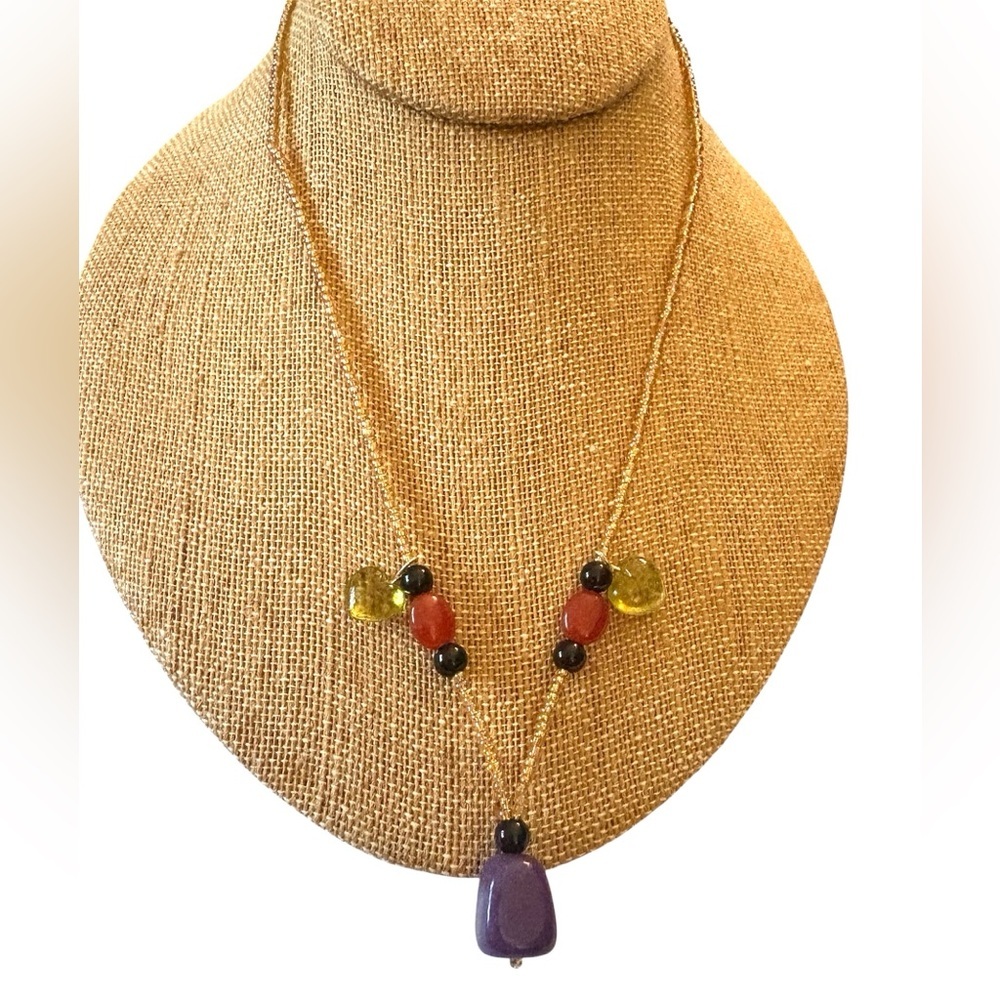 Seed Beaded Necklace with Stones and Glass Leaves with Lobster Claw Clasp